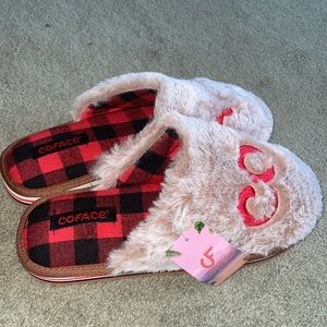 Coface red plaid faux fur house slippers